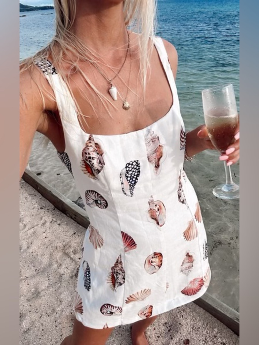 Commense White Shell-Print Dress with Pink Accents